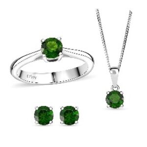 Chrome Diopside Stud Earrings, Solitaire Ring (Size 6) and Pendant Necklace